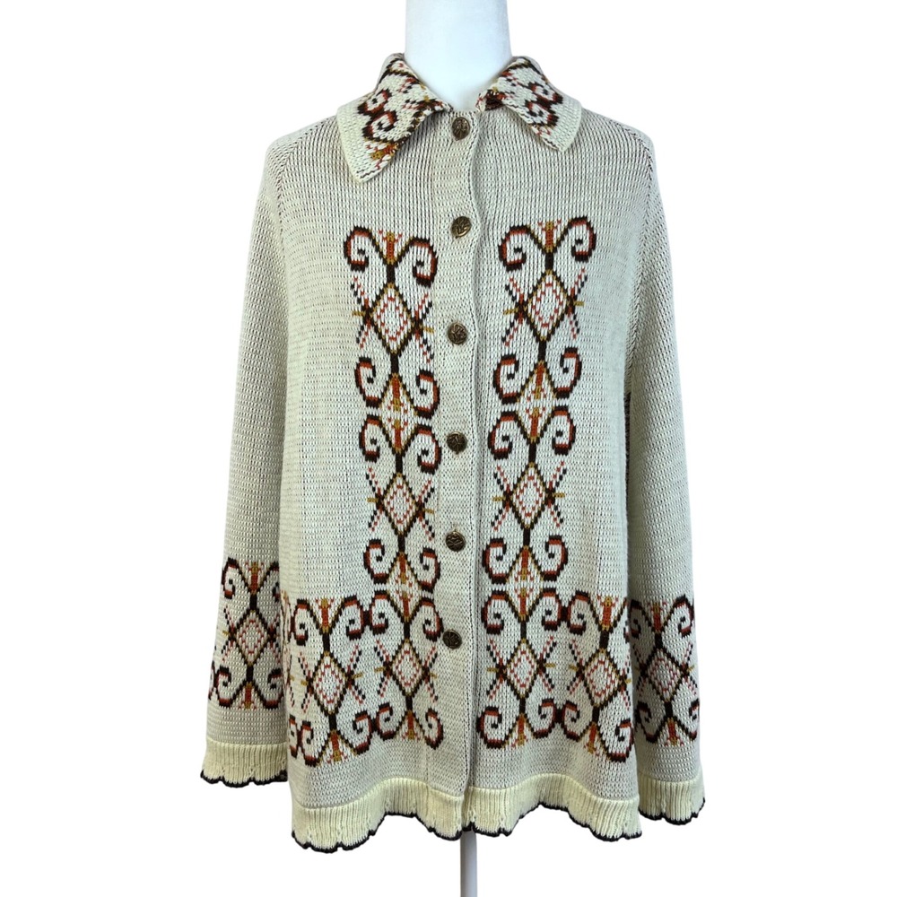 VTG JC Penny 1970's XL Geometric Print Cape Sweater Button‎ Up Collar (N506)